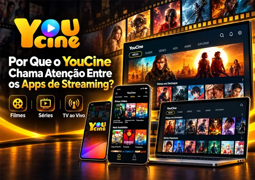 A imagem mostra os dispositivos com o YouCine App instalado.