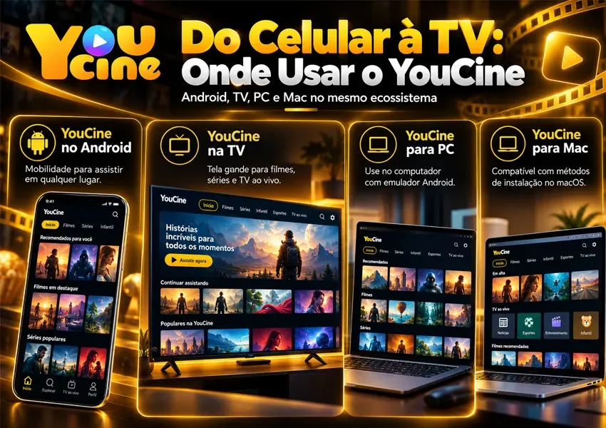 A imagem mostra os dispositivos disponíveis para instalar o YouCine App.