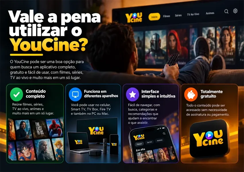 A imagem mostra as vantagens do YouCine App.